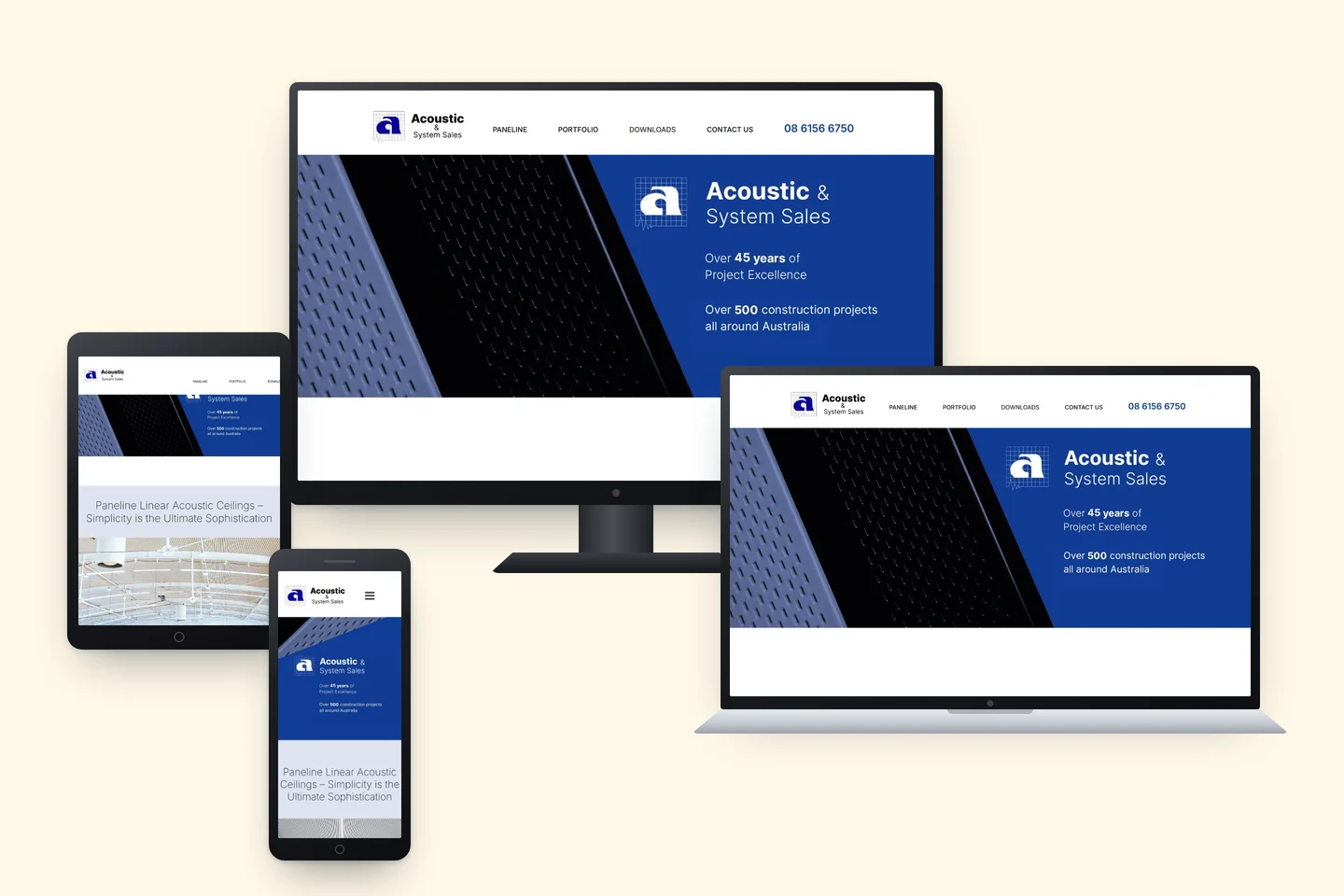 The Acoustics home page shown on a desktop monitor, laptop, tablet and phone