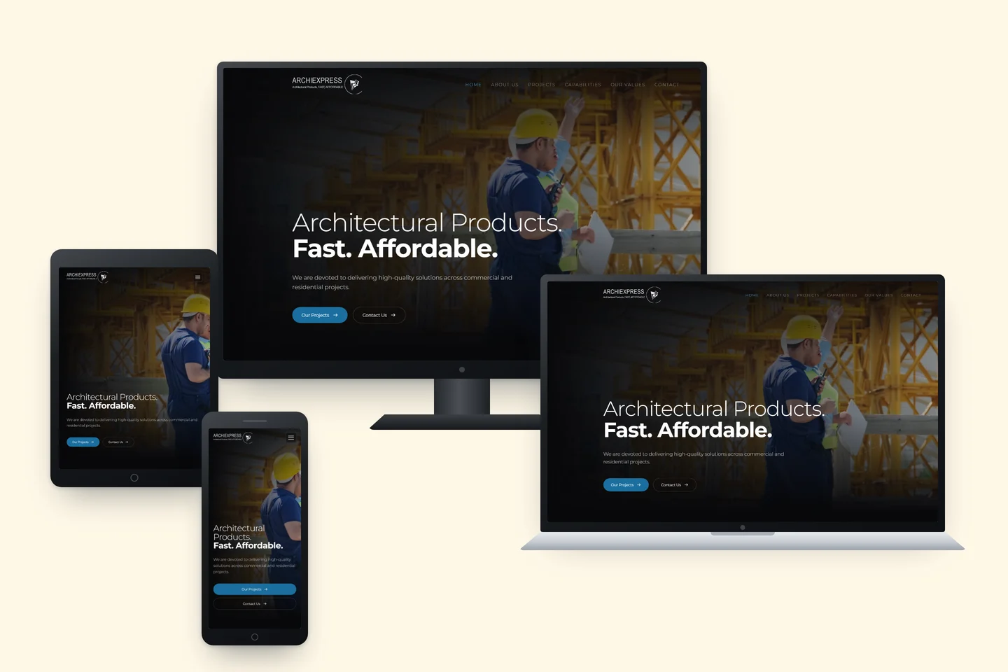 The Archiexpress home page shown on a desktop monitor, laptop, tablet and phone