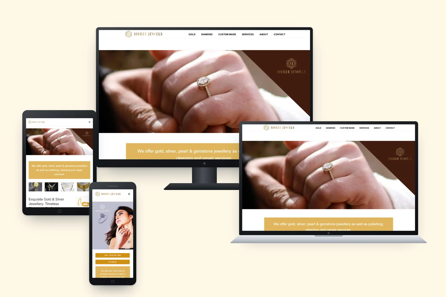 The Shree Jewels home page shown on a desktop monitor, laptop, tablet and phone