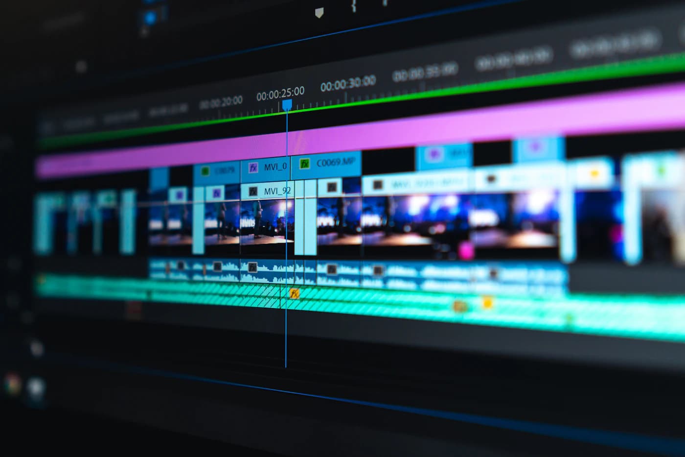 Video editing timeline with clips and audio tracks on screen